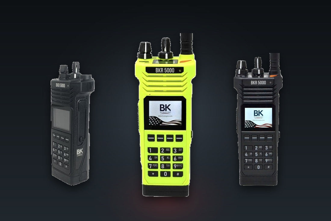 BK Technologies BKR5000 digital P25 portable radios in black and hi-vis yellow