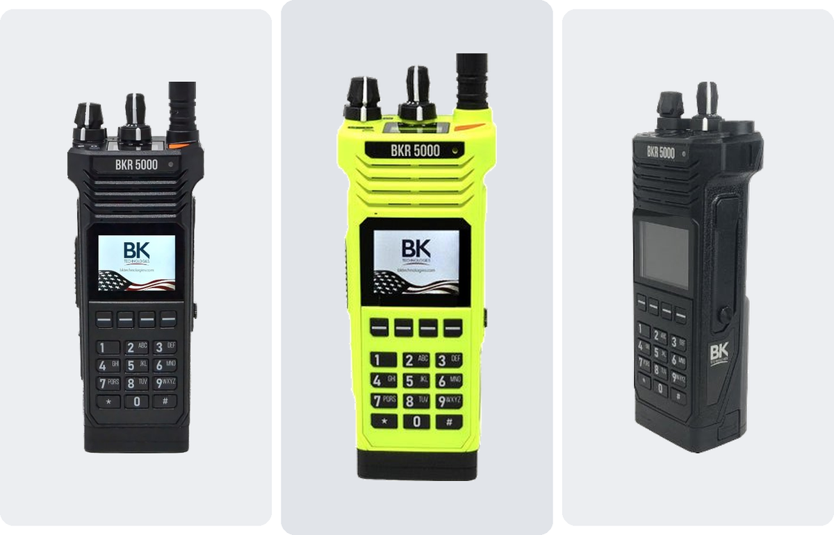 BK Technologies BKR5000 portable radio: black and hi-vis models, front and side views