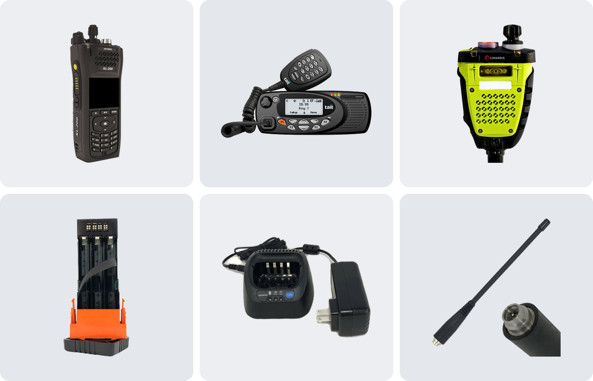 Land mobile radio equipment: portable and mobile radios, speaker microphone, battery, charger and antenna from L3Harris, Tait and BK Technologies