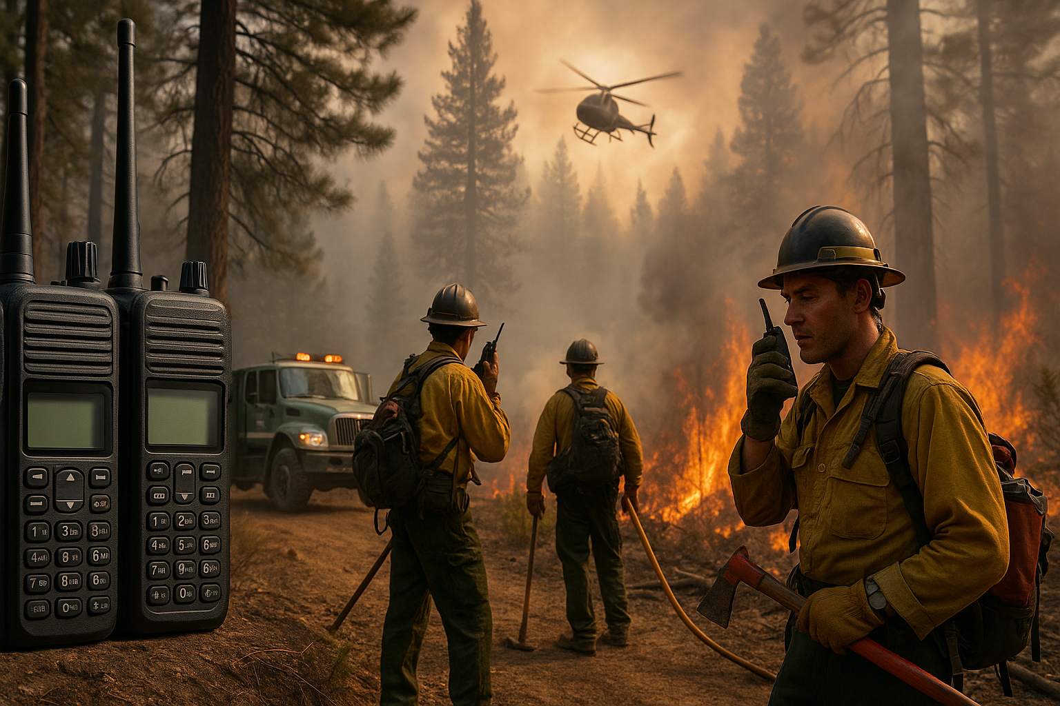 Wildland Fire - USFS slider image with firefighters using VHF radios in forest fire operations, no text
